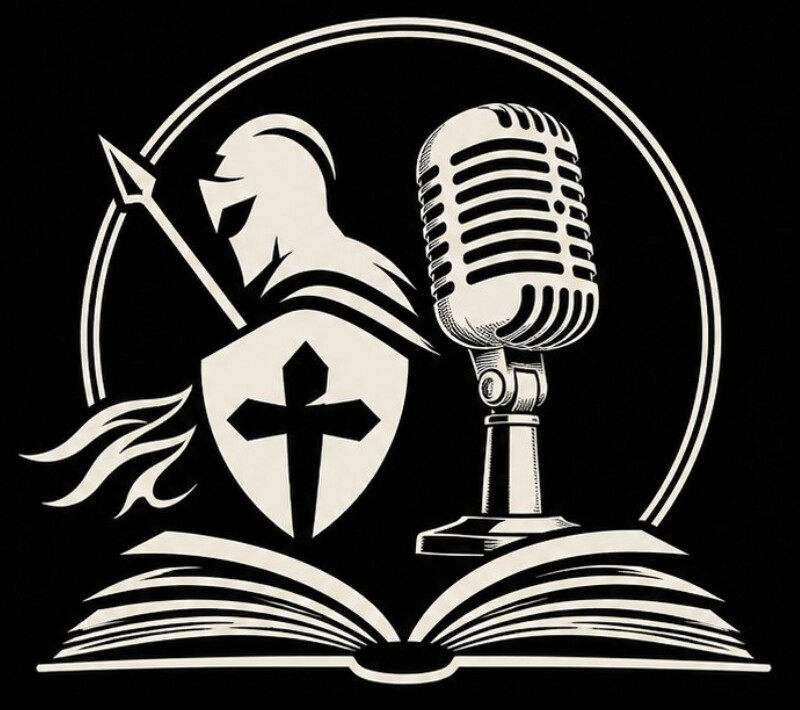 The Stories We Told Anyway emblem: a knight with a cross shield beside a vintage microphone over an open book